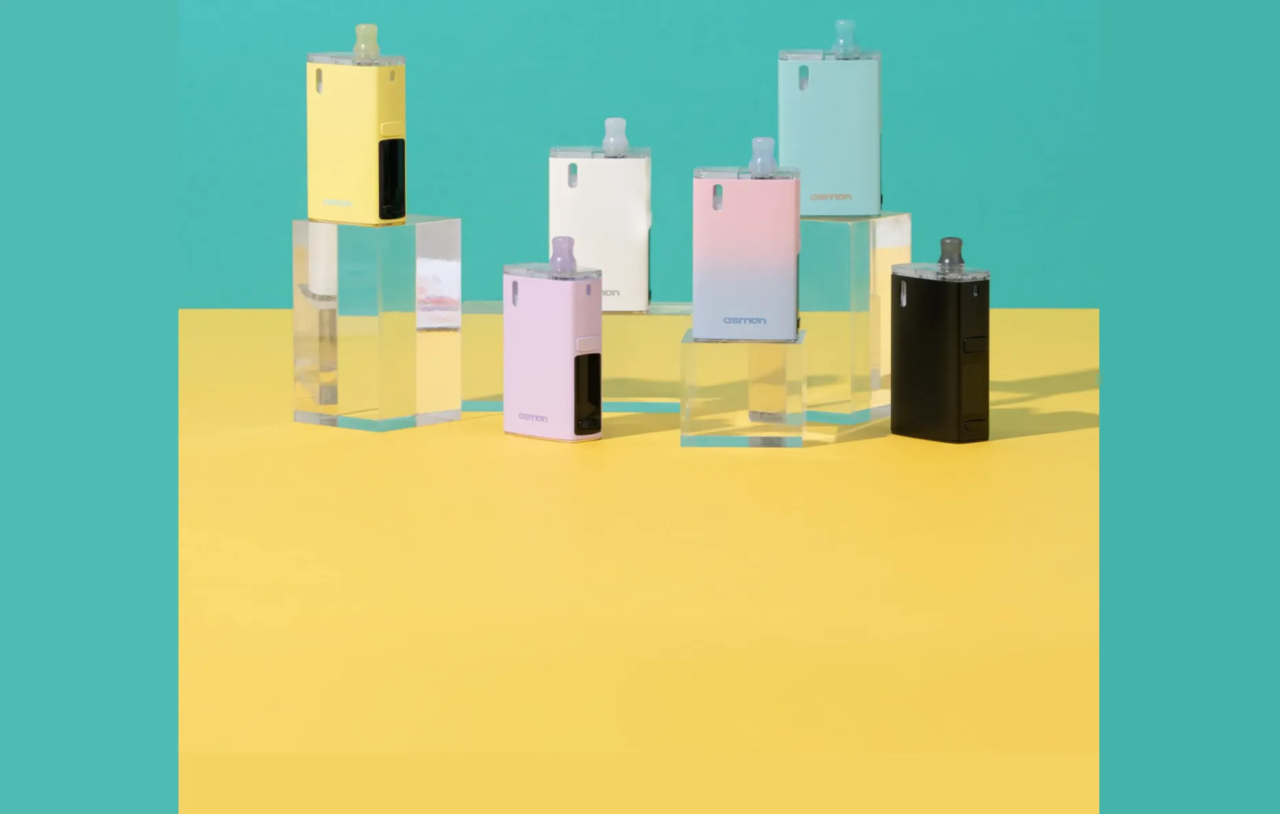 ASMON HI pod systems in yellow, white, pink, mint and black, arranged on clear acrylic blocks against teal and yellow