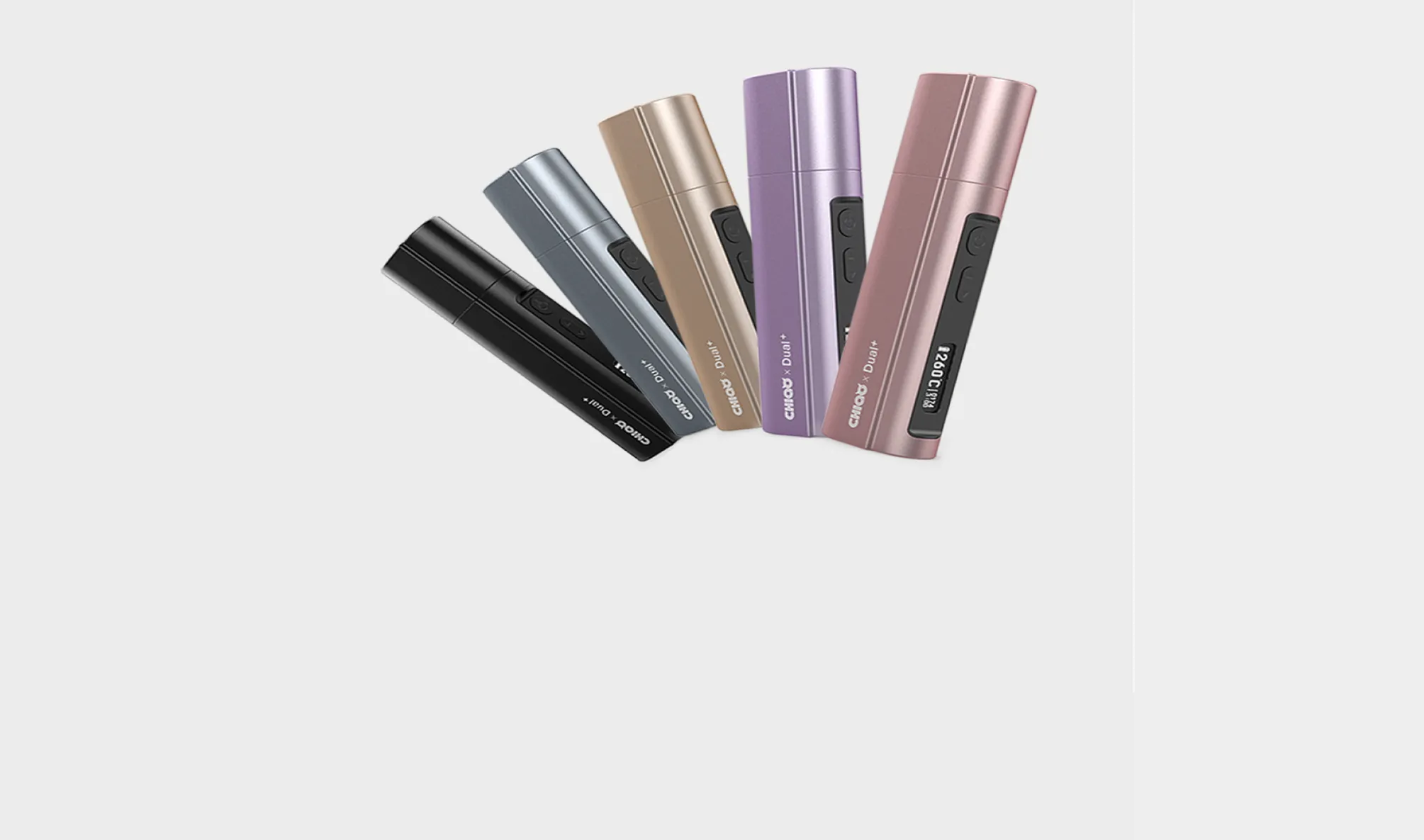 Five CHIQO Dual heated tobacco devices in black, silver, gold, lilac and pink, fanned out on light grey