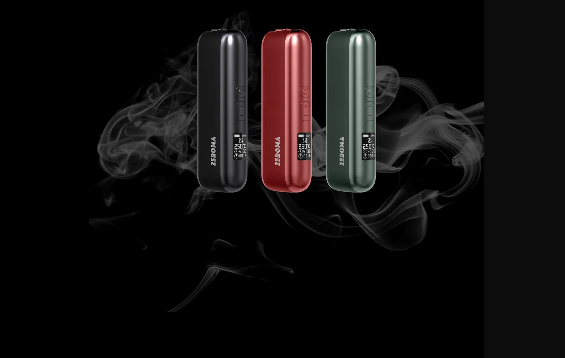 Three ZEROMA induction heated tobacco devices in black, red and green, standing in drifting smoke on black